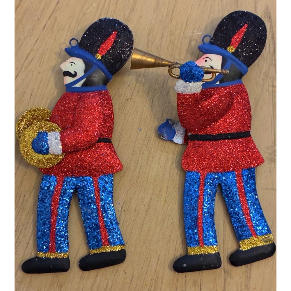 2 Bombay Co. glitter marching band Christmas ornaments Trumpet & cymbal player